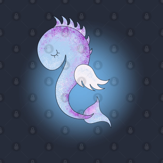 Sleepy purple seahorse on white and blue background. Design. by BumbleBambooPrints