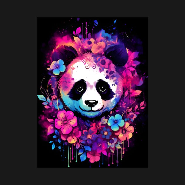 Pretty panda surround in bright colorful tropical flowers by Purple Dewdrop Designs