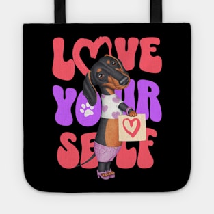 Cute Doxie Dog on a Dachshund Love Yourself tee Tote