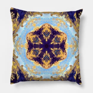 Blue and Gold Smoke Kaleidoscope Pattern Pillow