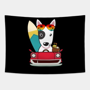 Surfer bull terrier driving to the beach Tapestry