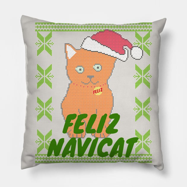 Ginger Feliz Navidad Cat, Feliz Navicat! Cute Orange Cat Ugly Christmas Sweater Pillow by YourGoods