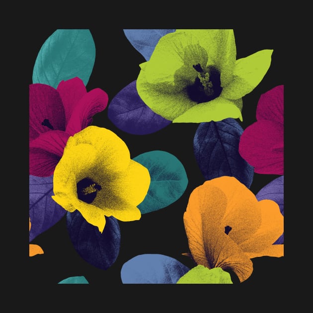 Vibrant exotic flowers and leaves textural print. Colorful vibrant Hibiscus flowers on dark background. Vibrant summer tropical composition by likapix