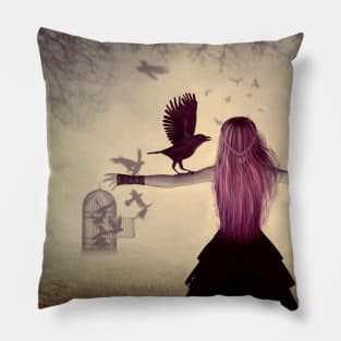 Woman with a crow Pillow
