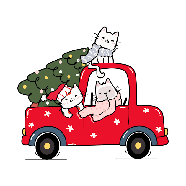 cute kitten cat with christmas tree on red truck car by UnikRay