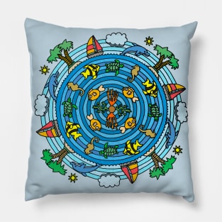 Tropical Island Scene Mandala Style Drawing Pillow