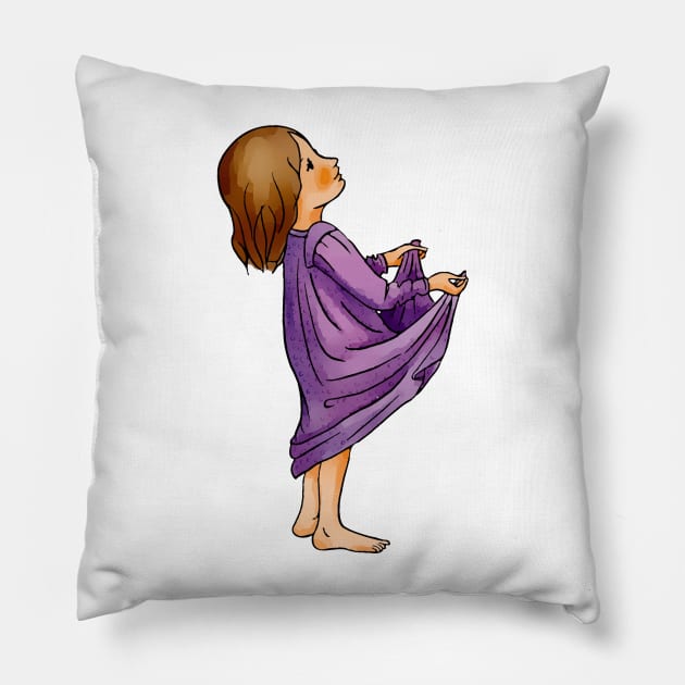 Cute little blond toddler girl in purple jammies is ready to catch something in her held out pyjamas. Pillow by Sissely