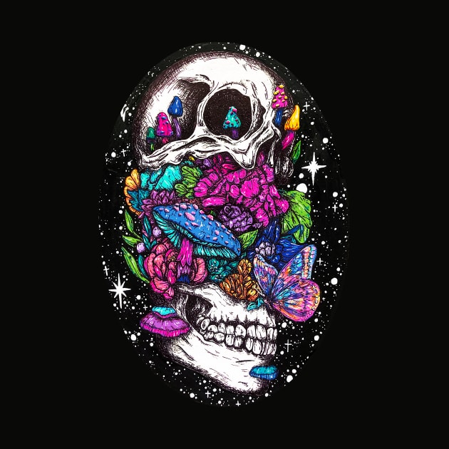 After Life - Mushroom and Botanicals Skull by rosiemoonart