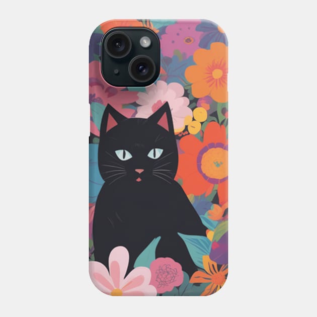 Bewitching Blooms, Black Cat in a Vibrant Garden Phone Case by Sieve's Weave's