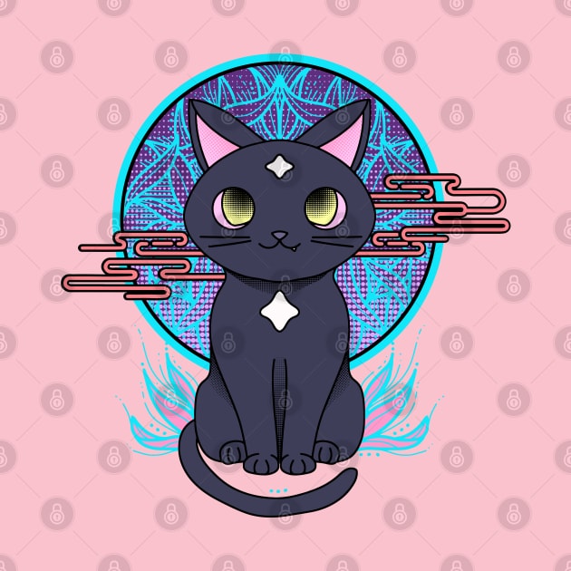 Cute anime black cat illustration with white stars. Cyberpunk manga cat. by ChrisiMM