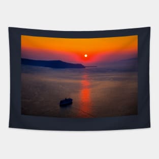 Santorini Cruise Ship, Red Sunset Tapestry