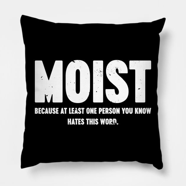 MOIST Because At Least One Person You Know Hates This Word Vintage Retro (White) Pillow by Luluca Shirts