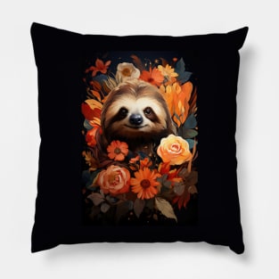 Orange Flowers and Sloth Pillow