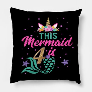 Kids 4Th Birthday Girl Unicorn Mermaid Tail 4 Years Old Pillow