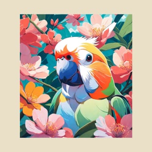 Garden Lovebird- lovebird in front of vibrant florals T-Shirt