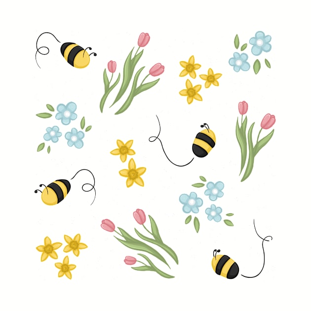 Cute Spring Bee Tulips and Daffodils Flower Pattern Digital Illustration by AlmightyClaire