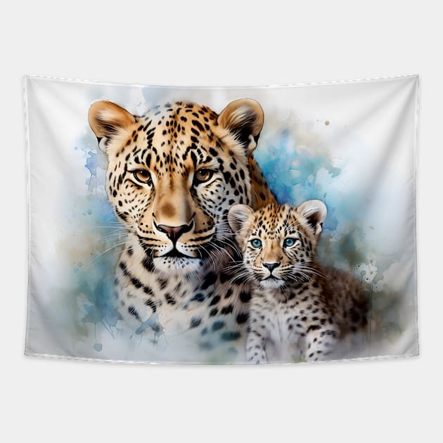 Mother and Baby Leopard Cub Tapestry by Geminiartstudio