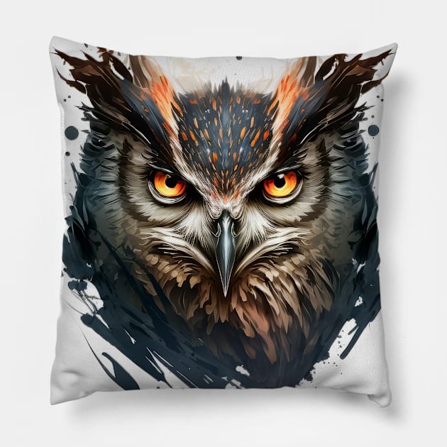 Owl Portrait Animal Painting Wildlife Outdoors Adventure Pillow by Cubebox