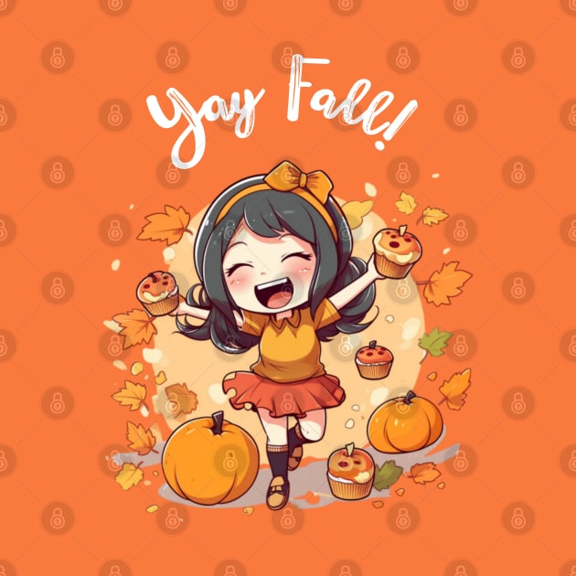 Fall for Our Adorable Chibi Art - Cute and Cozy Autumn Vibes, Yay FALL (White Letters) by HalloweeenandMore