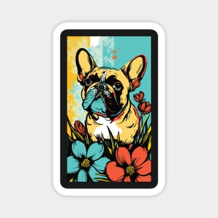 French Bulldog Vibrant Tropical Flower Tall Retro Vintage Digital Pop Art Portrait Magnet