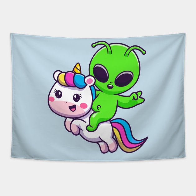 Cute Alien Riding Unicorn Cartoon Tapestry by Catalyst Labs