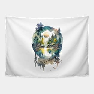 Mountain lake surrounded with trees Tapestry