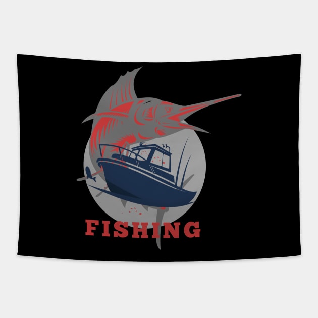 marlin fishing and boat red Tapestry by lmdesignco