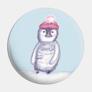 Cute little penguin in a red pompom hat Pin