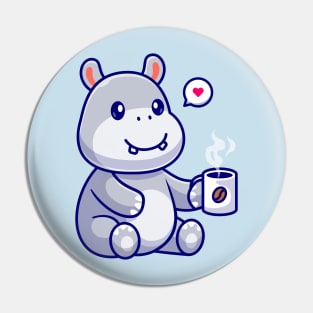 Cute Hippo Drinking Coffee Cartoon Pin