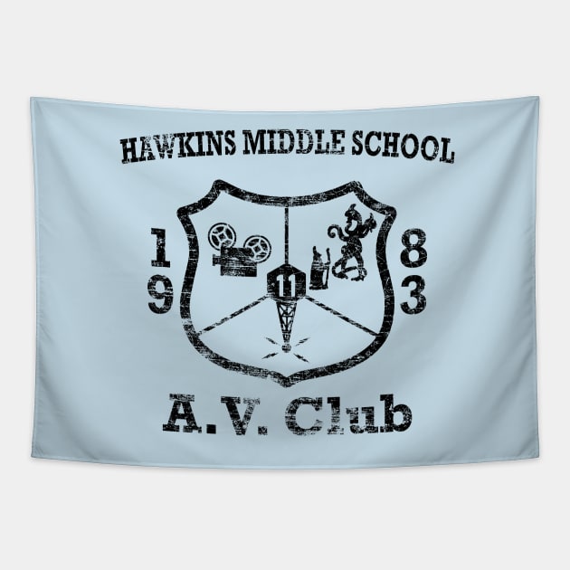 Hawkins Middle School A.V. Club Weathered Black Tapestry by Smidge_Crab