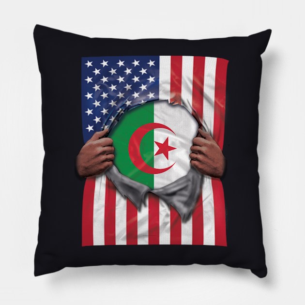 Algeria Flag American Flag Ripped - Gift for Algerian From Algeria Pillow by Country Flags