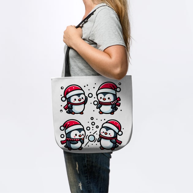 Adorable Cute Penguin Santa Hat Winter Snowball Fight by Frank Ring