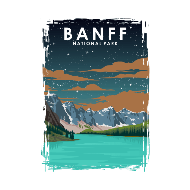 Banff National Park Vintage Minimal Retro Travel Poster at Night by jornvanhezik