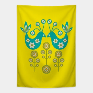 LOVE BIRDS Folk Art Mid-Century Modern Scandi Floral With Birds Flowers Feathers in Turquoise Cream Green Yellow - UnBlink Studio by Jackie Tahara Tapestry