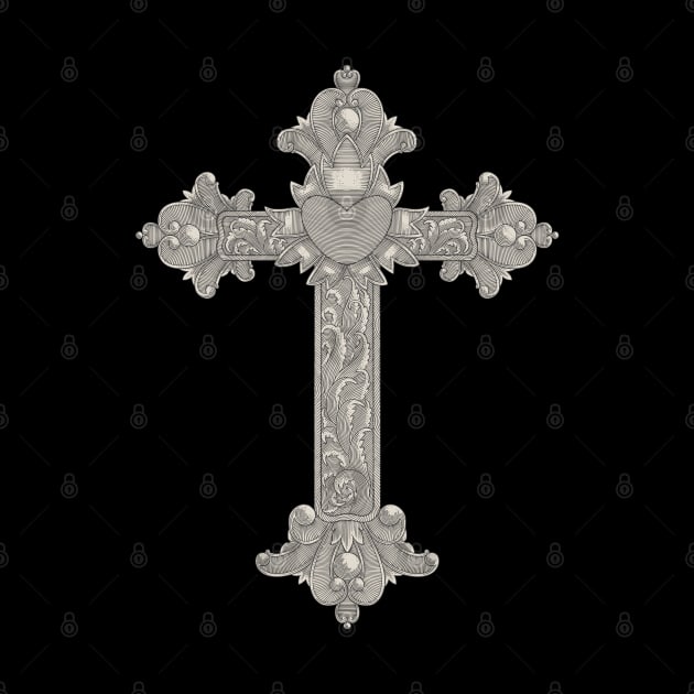 Christian wooden cross with heart and floral ornamental. Easter, symbol of Christianity,. hand drawing vintage engraving style illustration by Ardiyan nugrahanta