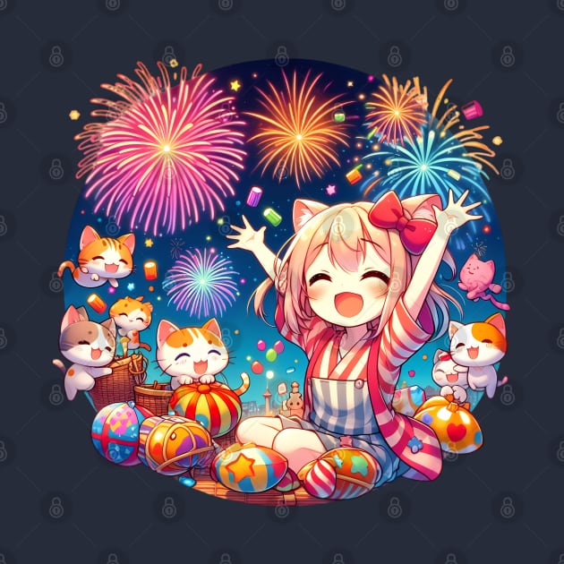 Happy new year 2024 Anime catgirl & friends by BrisaArtPrints