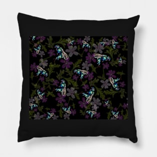 Copy of Bee with orchid and flowers black background Pillow