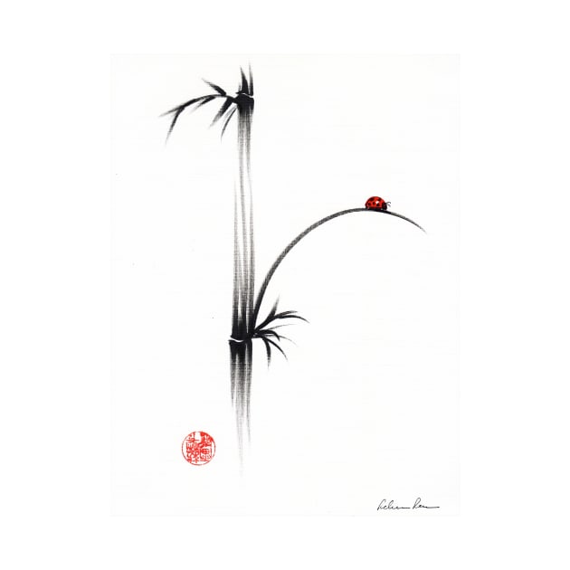 "Little Sunshine"  Original ink brush pen ladybug bamboo painting by tranquilwaters