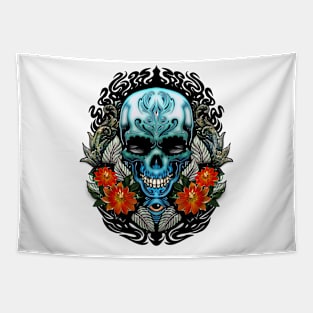 Awesome blue green skull with flowers Tapestry