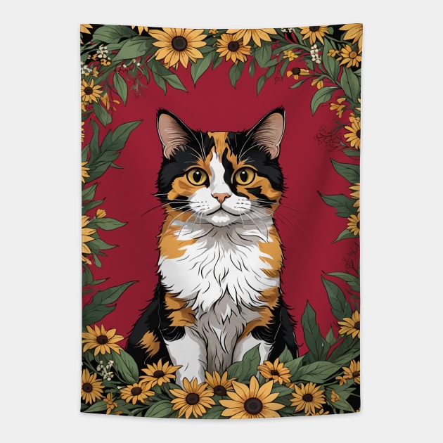 Maryland Calico Cat And Black Eyed Susan Flowers 4 Tapestry by taiche