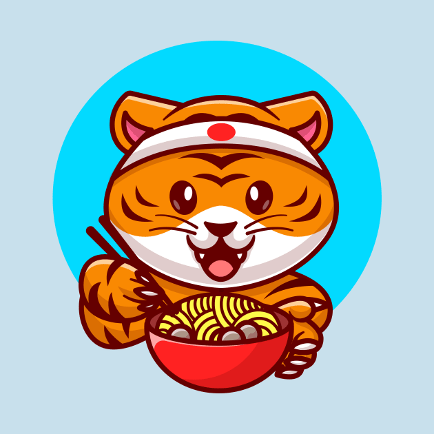 Cute Tiger Eating Ramen Noodle With Copstick Cartoon by Catalyst Labs