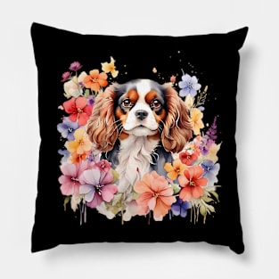 A cavalier king charles spaniel decorated with beautiful watercolor flowers Pillow