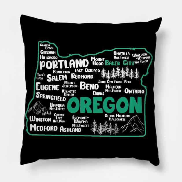 Cute map of Baker City Oregon, Portland, Salem, Eugene, Springfield, Bend, Ontario, Medford Pillow by BoogieCreates