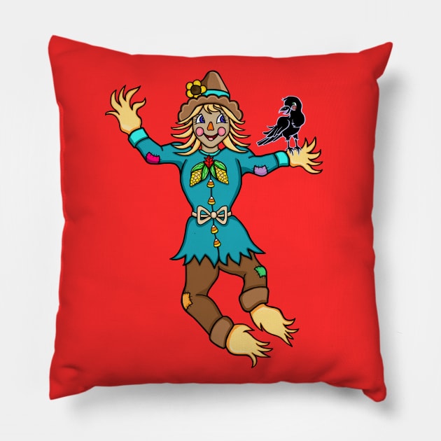 Cute Dancing Scarecrow and Crow Pillow by Art by Deborah Camp