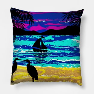 Coastal Beach Tropical Landscape Fluid Art Design Pillow