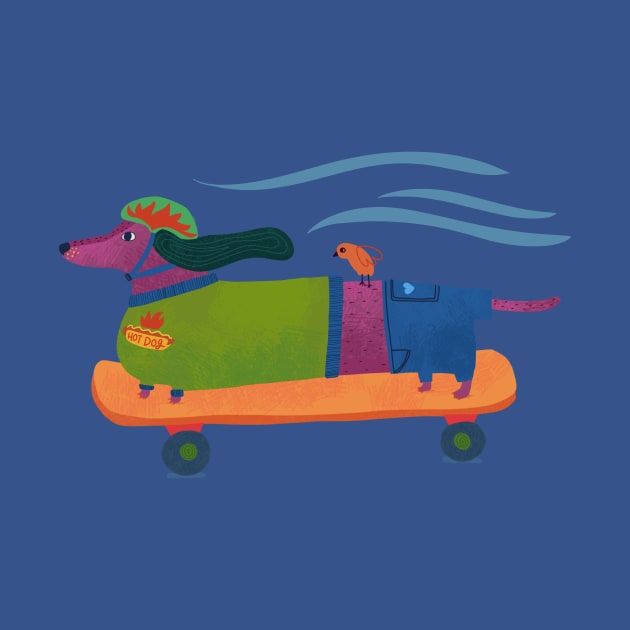 Hot Dog - Wiener Dachshund riding a skateboard with bird by Kathy Osborne Studio