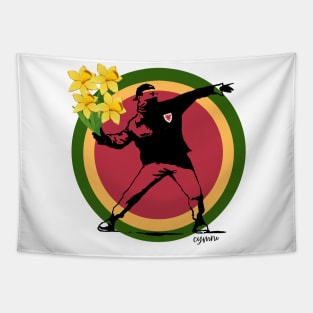 Welsh Banksy Man throwing Daffodils Tapestry