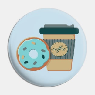 Paper cup of hot coffee to go and frosted mint donut Pin