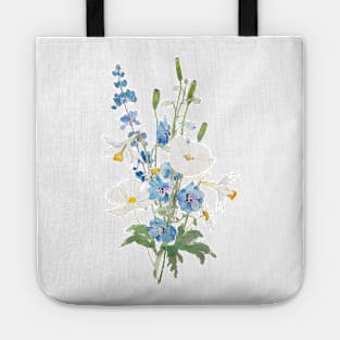 white and blue bouquet ink and watercolor Tote