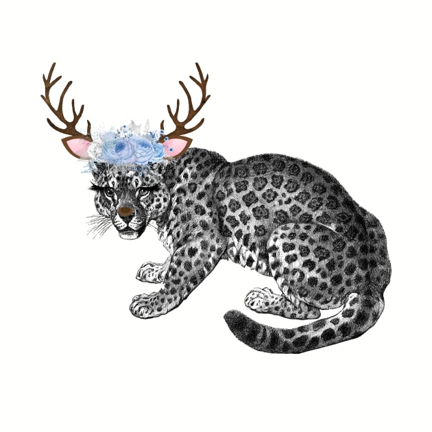 Funny Snow Leopard with Reindeer Antlers and Blue Flowers by SeaChangeDesign